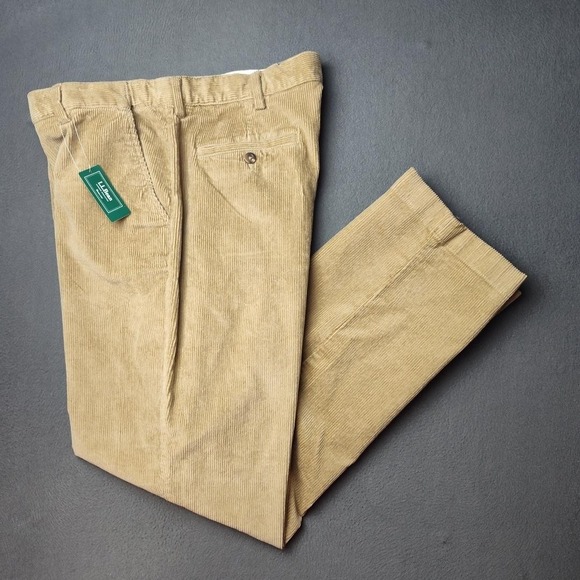 LL Bean Corduroy Pants Mens 37x32 Dark Khaki Comfort Waist Stretch New Tags - Picture 1 of 12